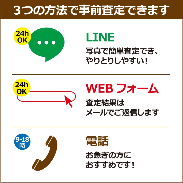 3つの方法で事前査定できます：LINE、WEBフォーム、電話