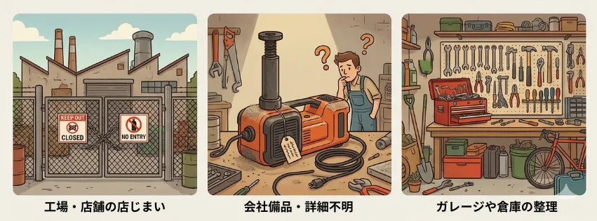 イメージイラスト「工場・店舗の店じまい」「会社備品・詳細不明」「ガレージや倉庫の整理」