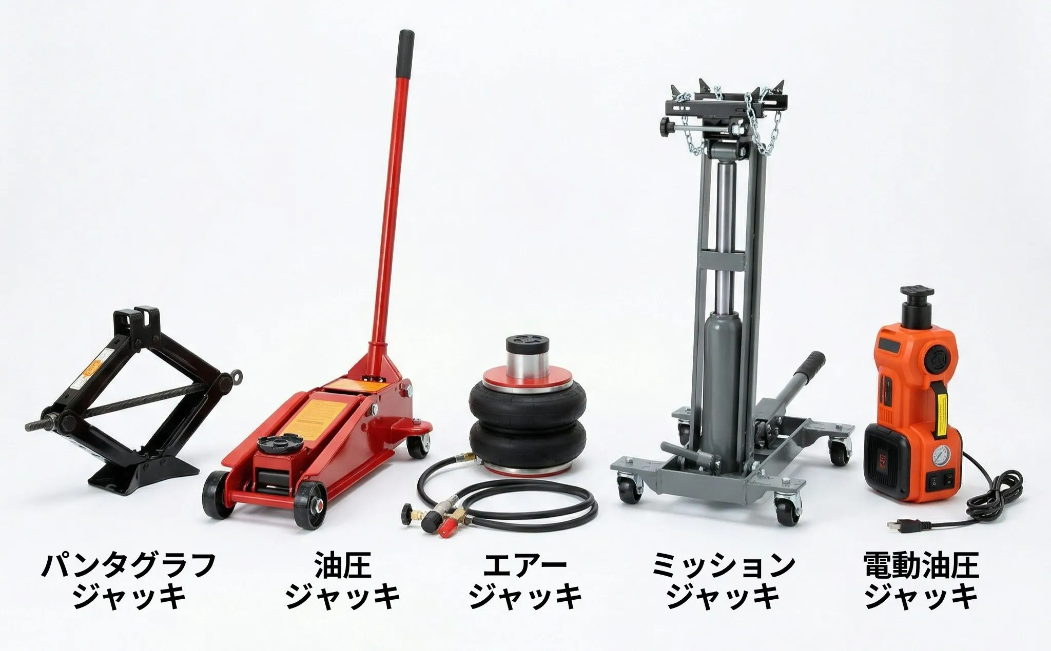 パンタグラフジャッキ、一般家庭向け油圧ジャッキ、エア式ジャッキ、ミッションジャッキ、電動油圧ジャッキの写真