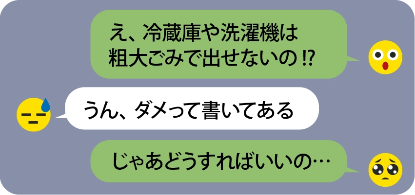 「え、冷蔵庫や洗濯機は粗大ごみで出せないの!?」「うん、ダメって書いてある」「じゃあどうすればいいの…」