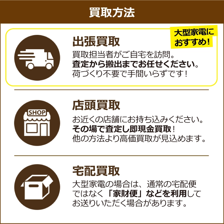 買取方法：出張買取・店頭買取・宅配買取