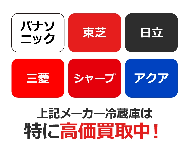 特に高価買取できる冷蔵庫:パナソニック、東芝、日立、三菱、シャープ、アクア