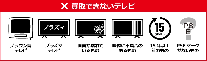 【買取できないテレビ】ブラウン管テレビ、プラズマテレビ、画面が壊れているもの、映像に不具合のあるもの、15年以上前のもの、PSEマークがないもの